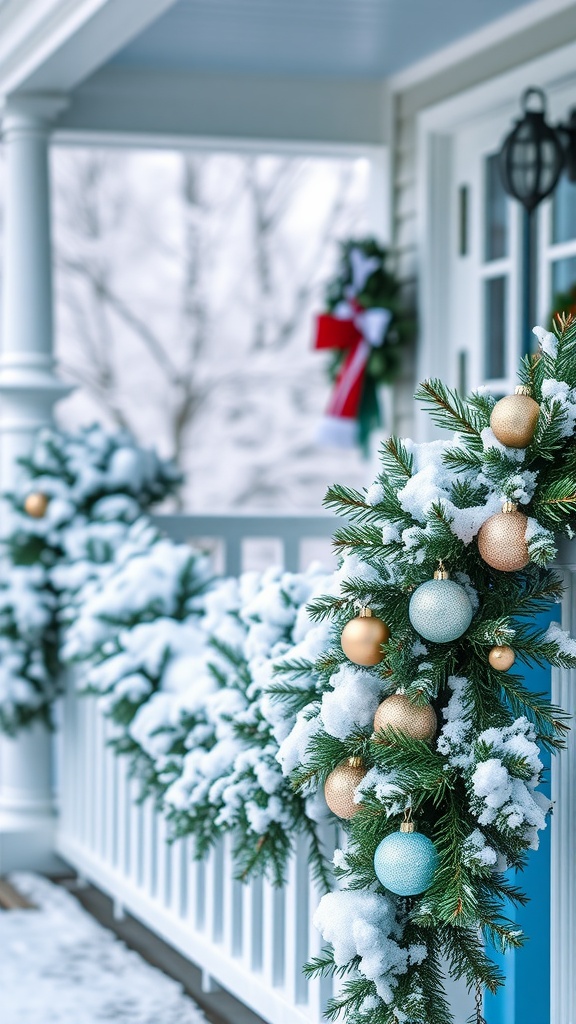 A snowy blue garland with ornaments on a porch railing, creating a festive winter atmosphere.