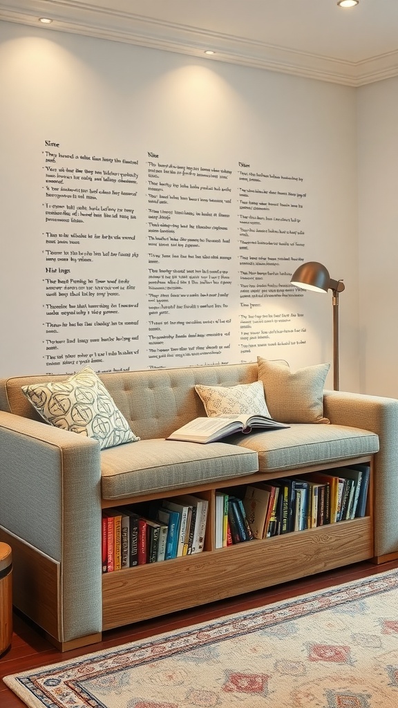 Sofa with book storage, featuring books underneath and a cozy reading atmosphere.