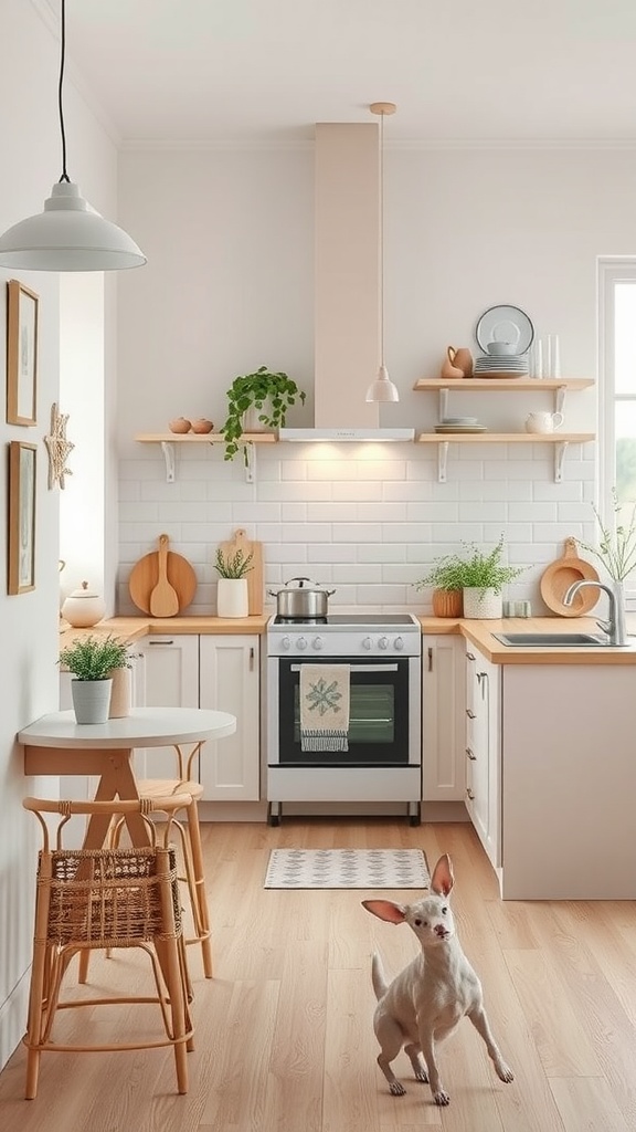 A Scandinavian kitchen with soft color palettes, featuring wooden accents, plants, and a small dog.