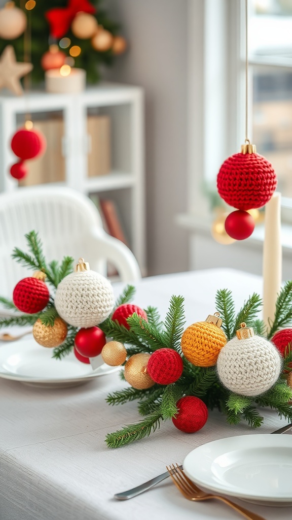 A festive table setting featuring colorful crochet baubles in red, white, and gold, surrounded by faux pine.