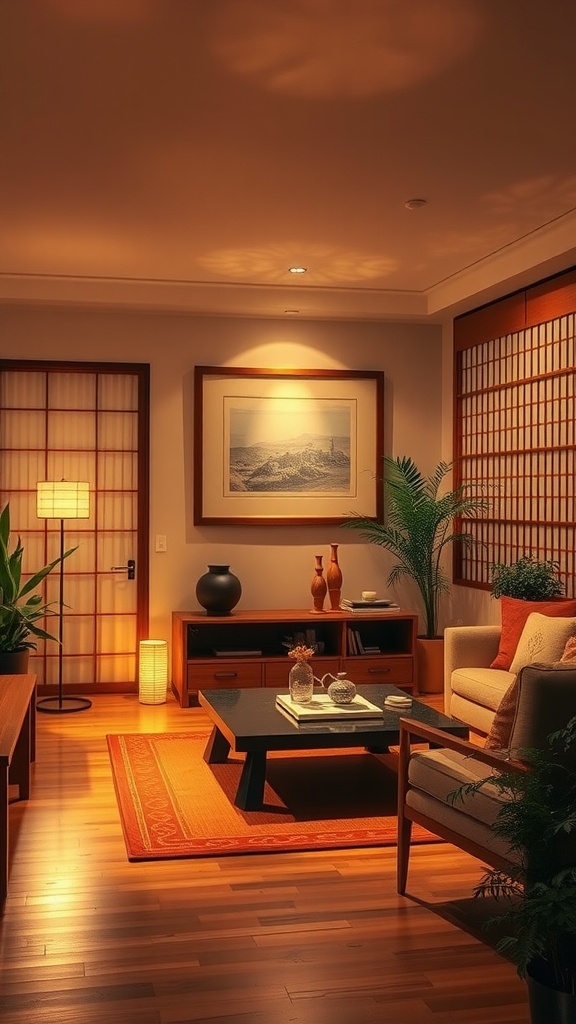 A cozy Japandi living room featuring soft lighting, natural decor, and warm tones.