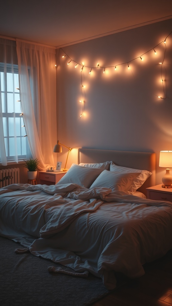 A cozy bedroom with soft lighting from string lights and bedside lamps, creating a tranquil ambiance.