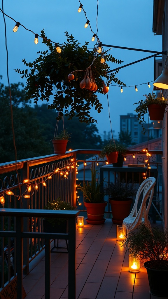 A cozy balcony decorated with string lights, potted plants, and candles, creating a warm atmosphere.