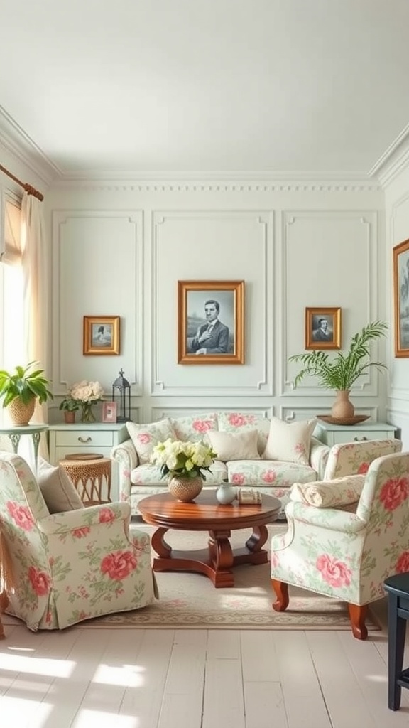 A cozy shabby chic living room with pastel-colored sofas and vintage decor