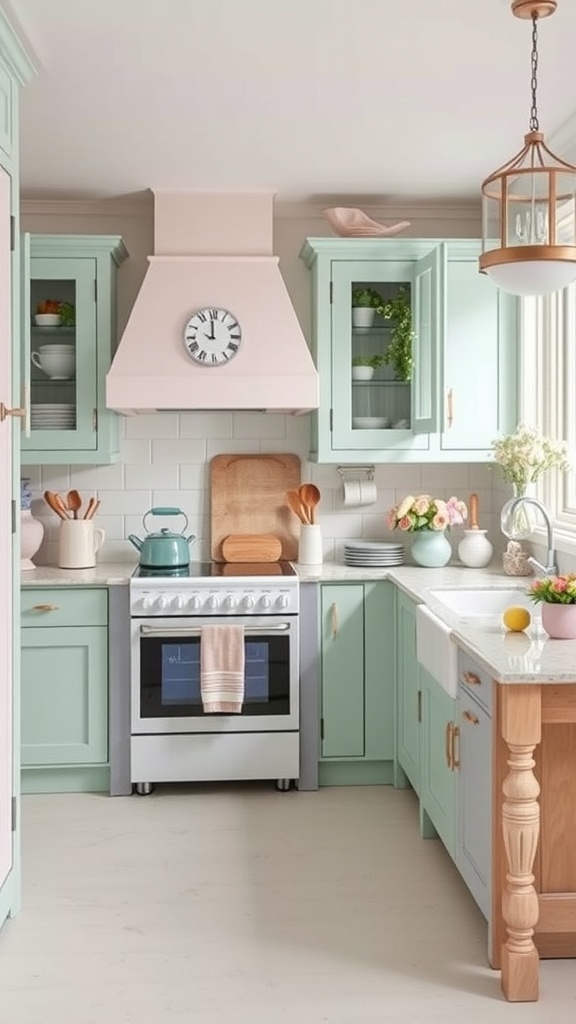 A cozy kitchen featuring mint green cabinets, a blush pink range hood, and pastel accents.