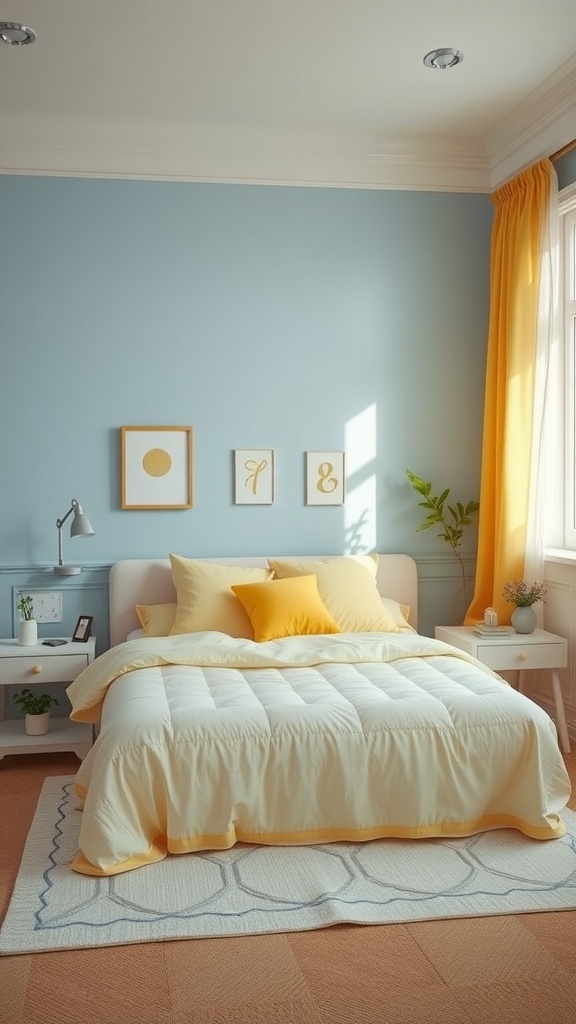 A cozy bedroom with blue walls, yellow bedding, and curtains, featuring a warm and inviting atmosphere.