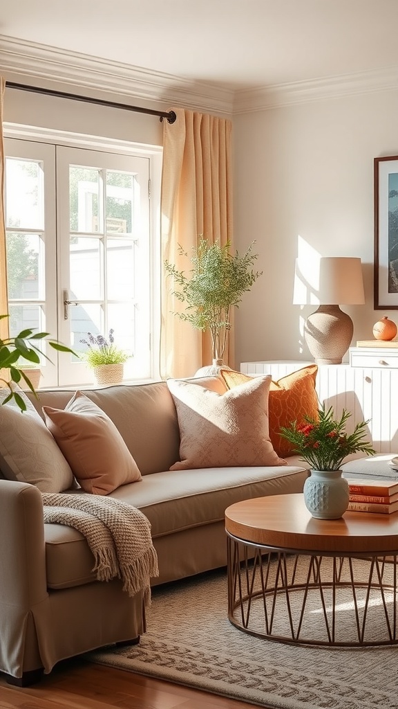 A cozy living room featuring soft peach accents with a light sofa, patterned pillows, and natural light streaming through a window.