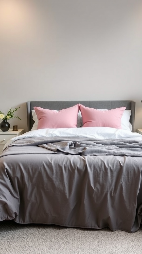 A cozy bedroom featuring soft pink pillows and grey walls, creating a calming atmosphere.