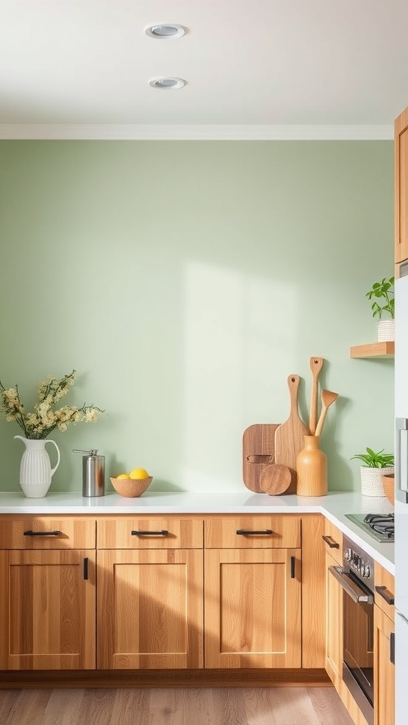 A kitchen featuring soft sage green walls, wooden cabinets, and a bright airy atmosphere.