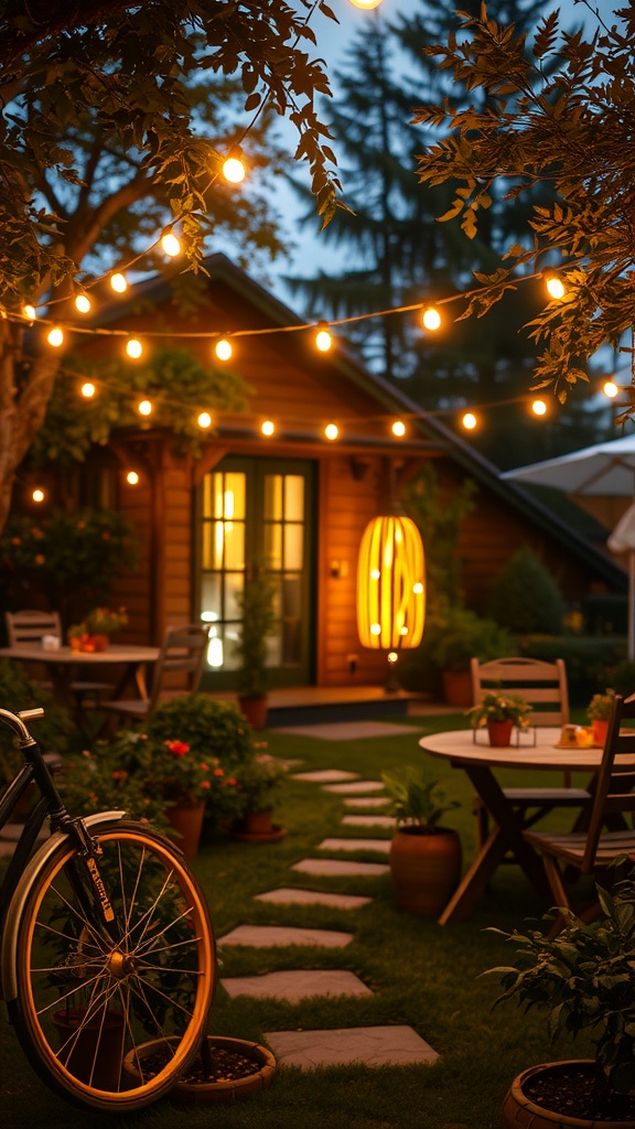 A cozy garden scene illuminated with string lights, featuring a wooden cottage, a bicycle, and outdoor furniture surrounded by plants.