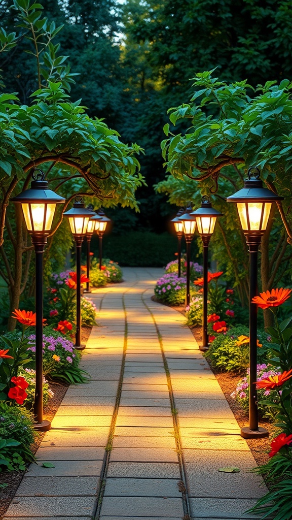 A garden path illuminated by solar-powered pathway lights, surrounded by colorful flowers and greenery