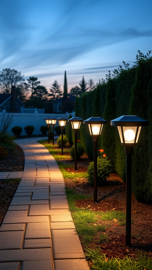 A lit walkway lined with solar-powered pathway lights in a garden setting during twilight.