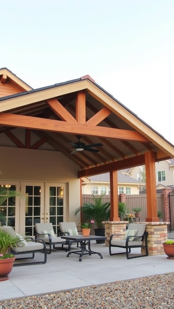 A solid roof patio extension showcasing wooden beams and a cozy seating area