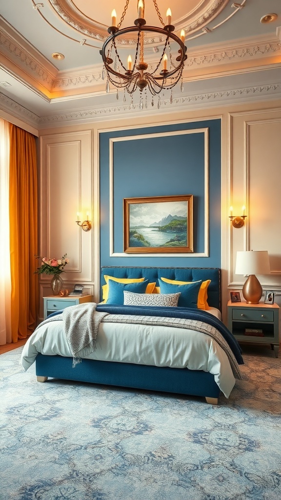 A sophisticated bedroom featuring blue walls, yellow accents, and elegant decor.