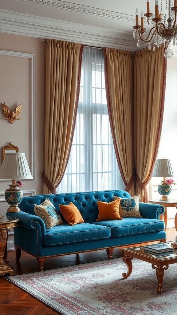 A formal living room featuring a blue couch with decorative pillows, golden curtains, and a glass coffee table.