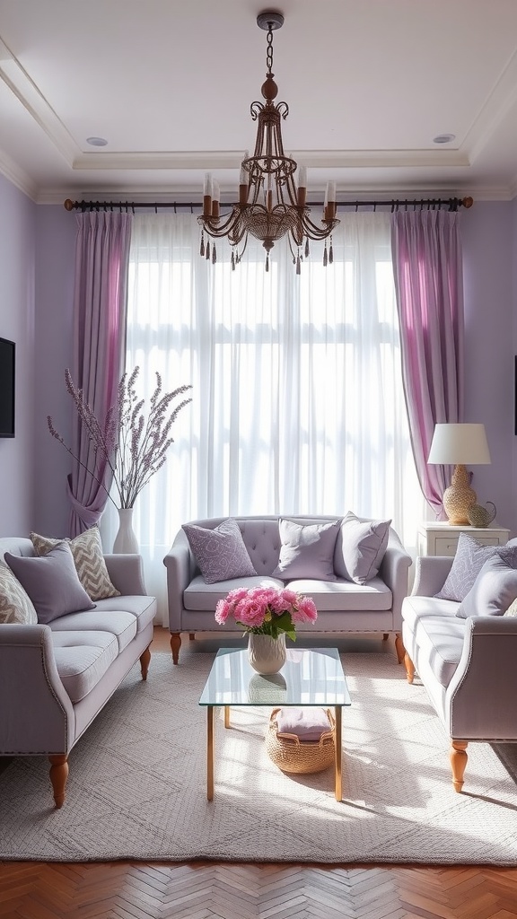 Sophisticated lavender living room with elegant furniture and decor