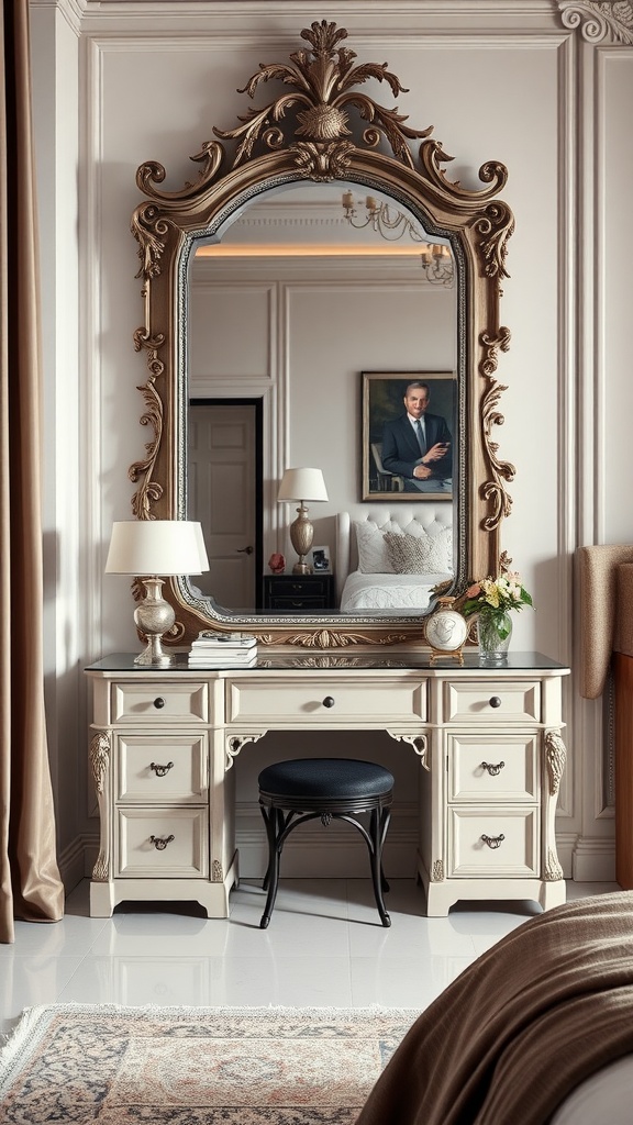 A sophisticated bedroom with an ornate mirror above a stylish vanity, featuring elegant decor.