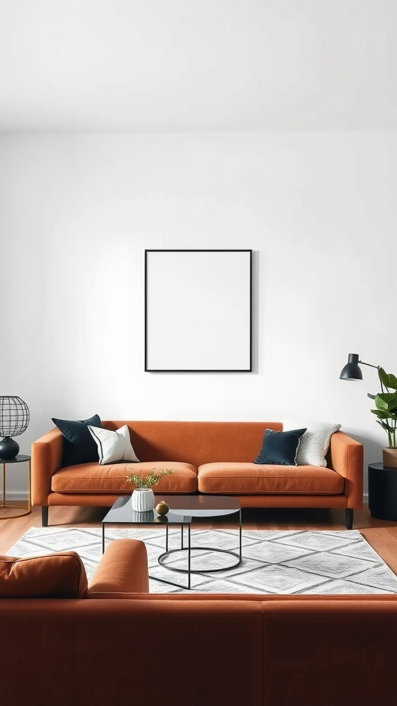 A sophisticated living room featuring a brown sofa, accent cushions, a geometric rug, and a modern coffee table.