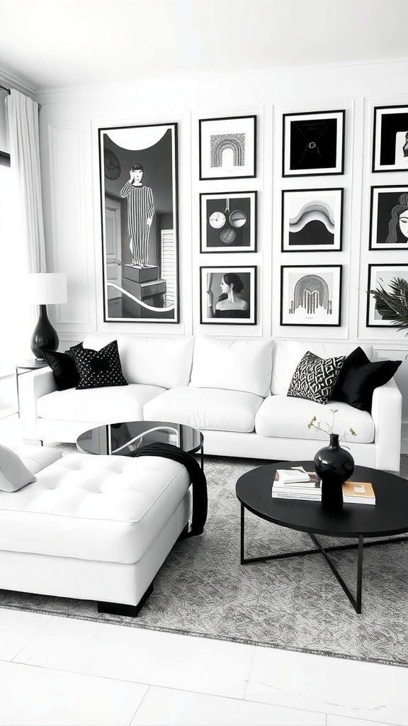 Living room with a white couch, black accents, and monochrome artwork