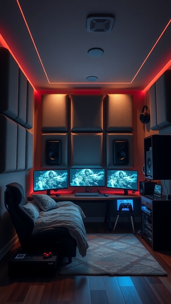 A cozy gaming bedroom with soundproofed walls and multiple monitors, showcasing a comfortable setup.