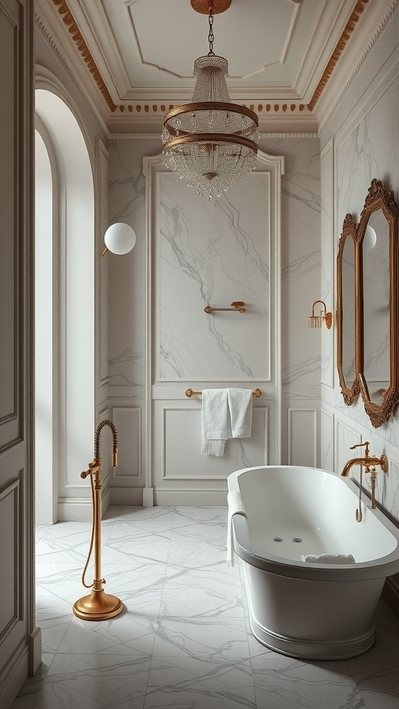 Spa-inspired bathroom with marble walls, gold fixtures, and a freestanding bathtub