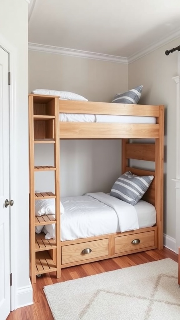 A coastal-themed wooden bunk bed with a lower bed, upper bed, and built-in shelving.