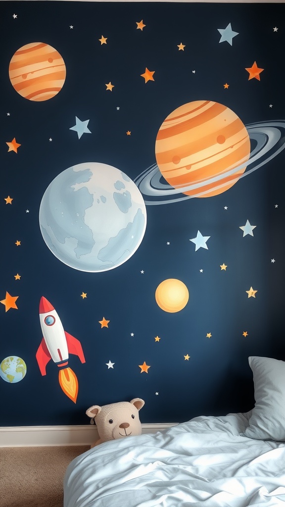 A kids' bedroom wall featuring space exploration theme with planets, stars, and a rocket