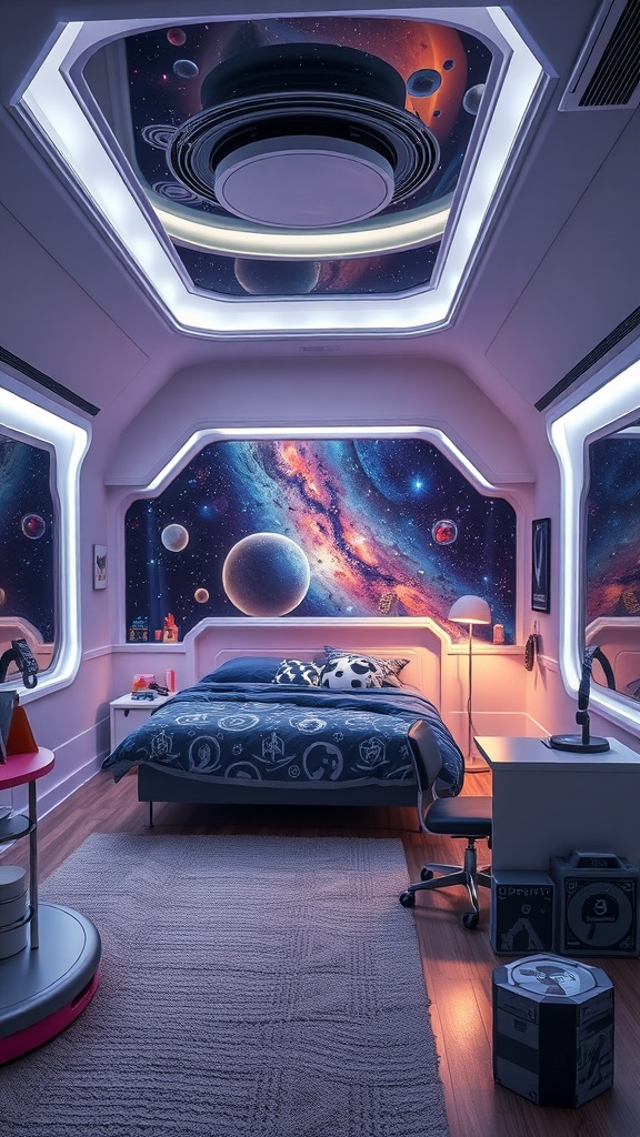 A bedroom designed as a space explorer's hideaway, featuring cosmic murals, a Saturn ceiling design, and themed bedding.