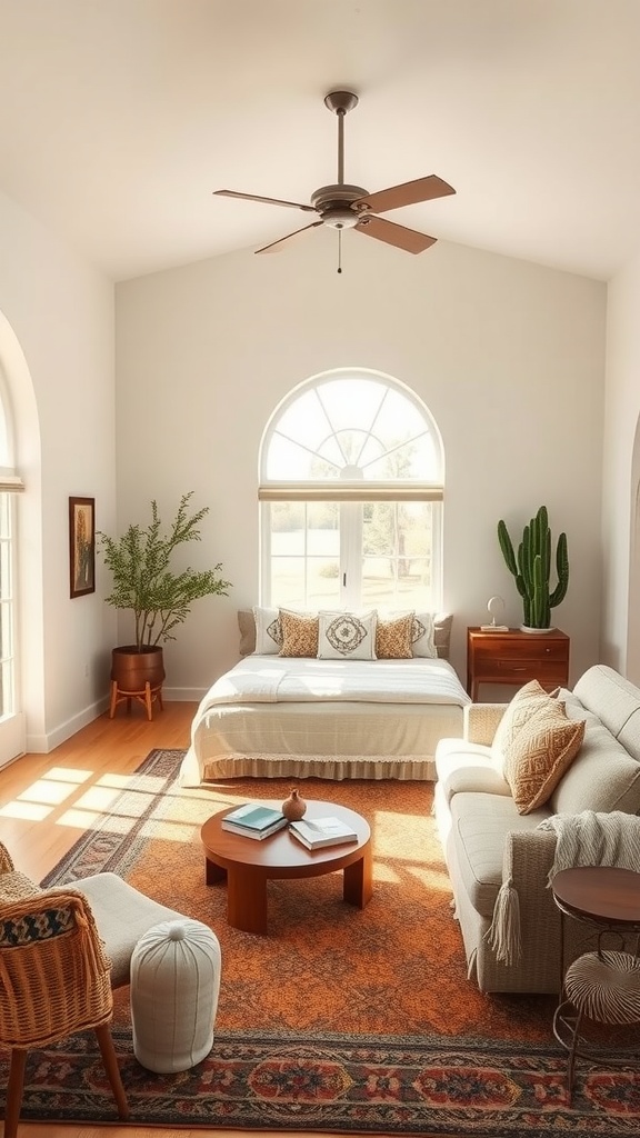 Bright southwestern bedroom with spacious layout, cozy sofa, and plants