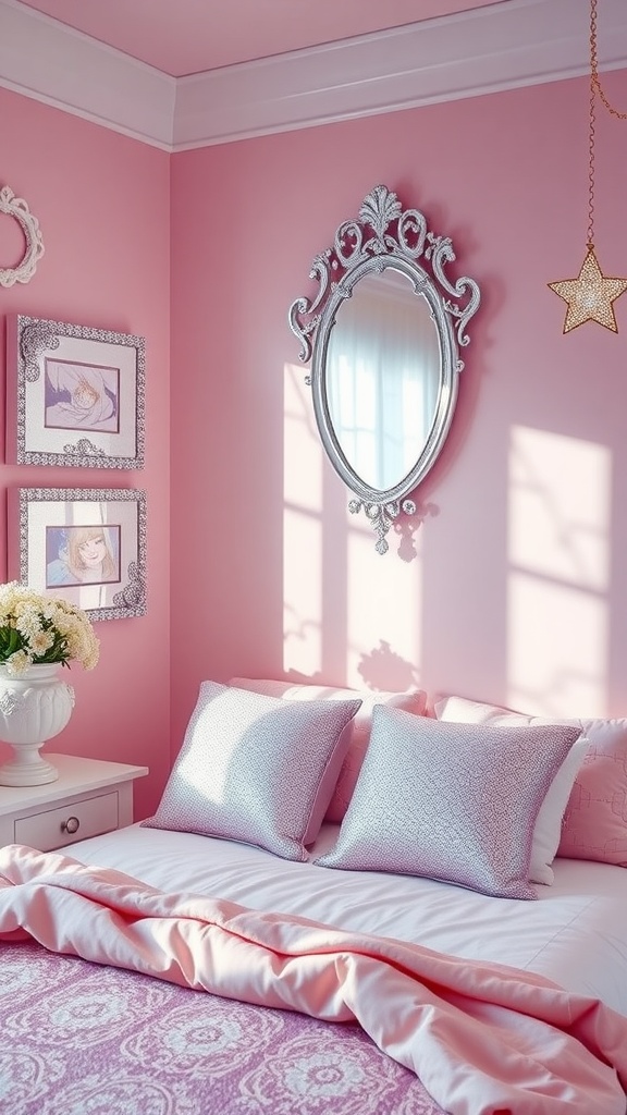 A beautifully decorated princess bedroom with pink walls, a decorative mirror, and cozy bedding.