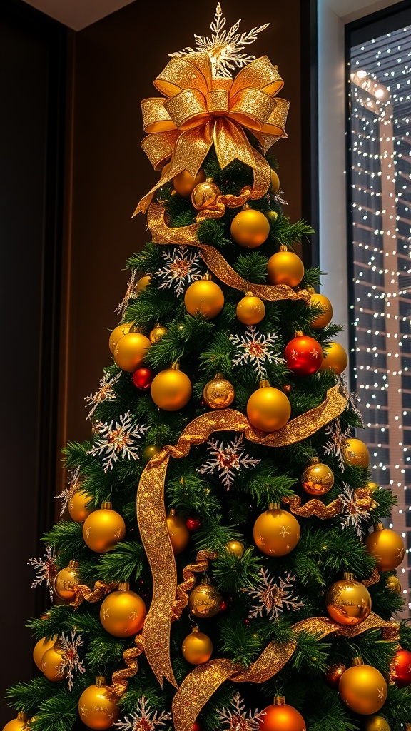 A beautifully decorated Christmas tree with a sparkling gold bow at the top, adorned with golden ornaments and snowflake accents.