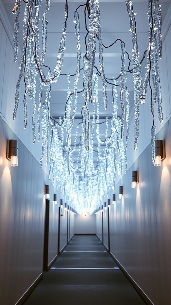 A hallway decorated with sparkling icicle lights hanging from the ceiling, casting a blue glow.