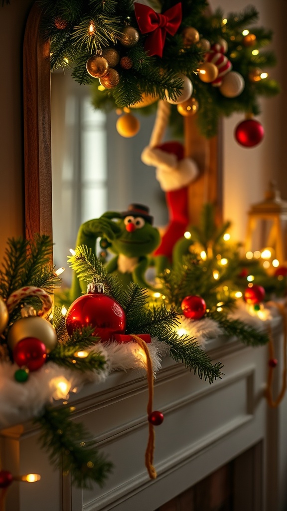 A beautifully decorated Christmas mantel with greenery, ornaments, sparkling lights, and a Grinch figure.