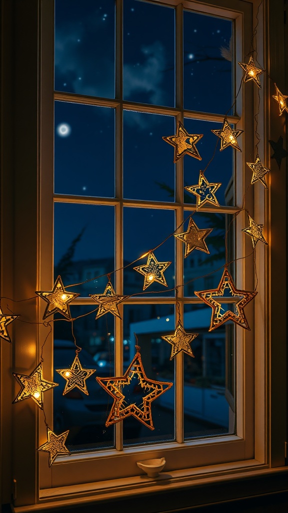 A window with star-shaped light garlands against a night sky, creating a cozy atmosphere.