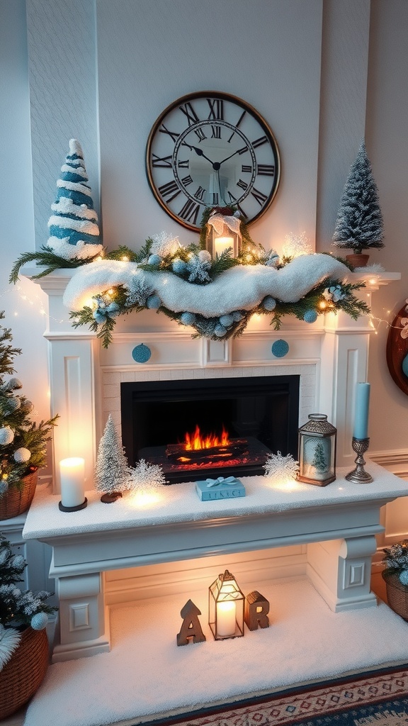 Christmas mantel decorated in a winter wonderland theme with snow-covered trees, candles, and fairy lights.