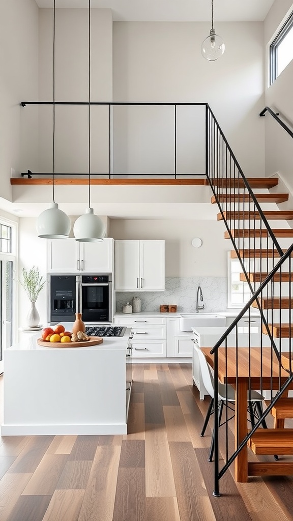 A split-level kitchen featuring modern design elements, a kitchen island, and a staircase.