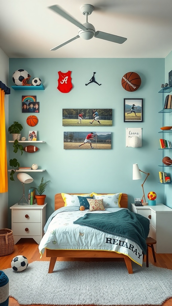 A girl's bedroom with sports theme elements including soccer balls, basketballs, and sports jerseys on the wall.