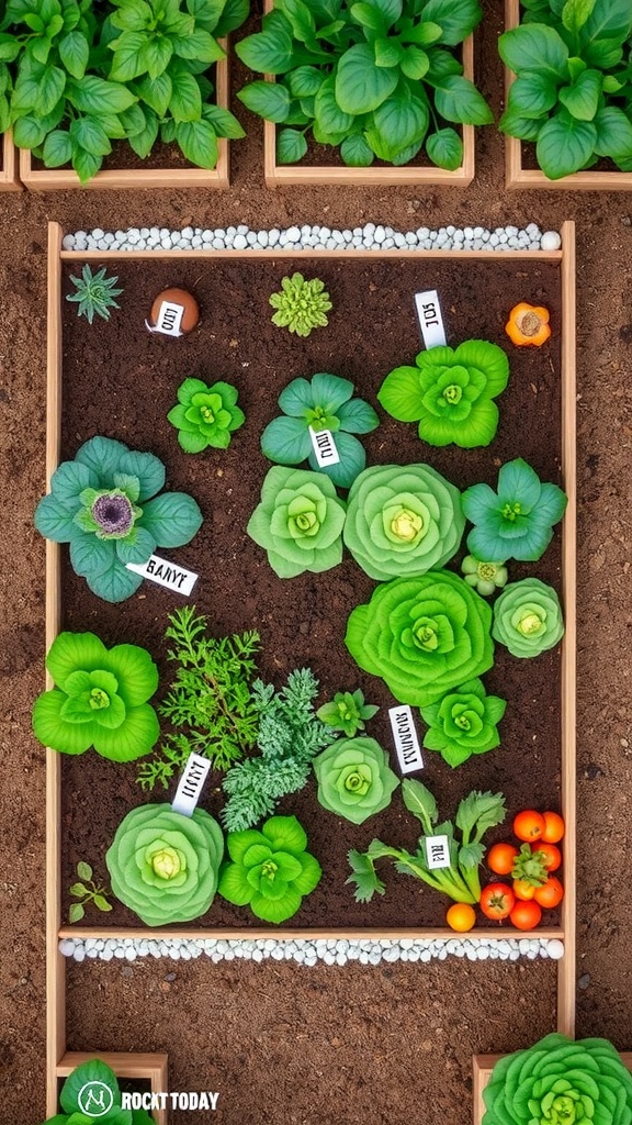 An organized square foot garden layout with various vegetables and herbs labeled.