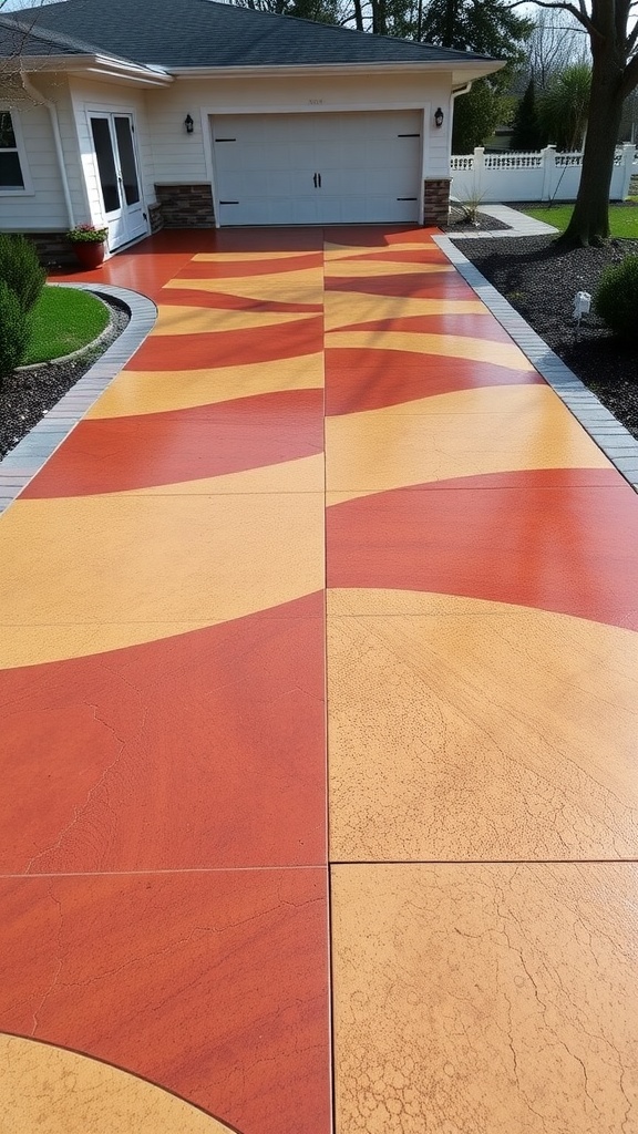 A stained concrete driveway with vibrant red and yellow patterns