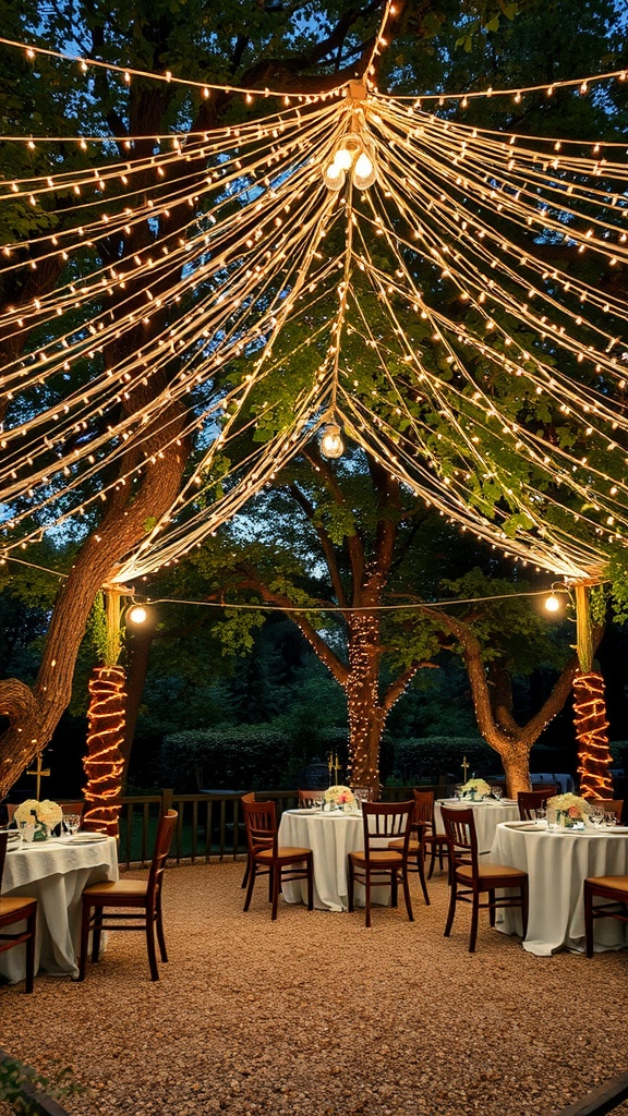 Outdoor space with tables and a canopy of LED fairy lights