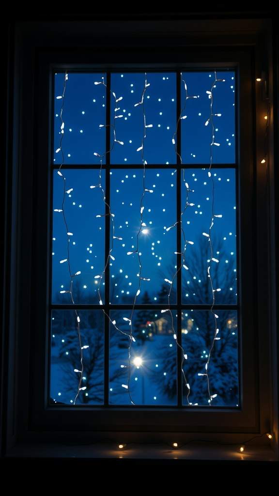 A window decorated with LED string lights creating a starry night effect