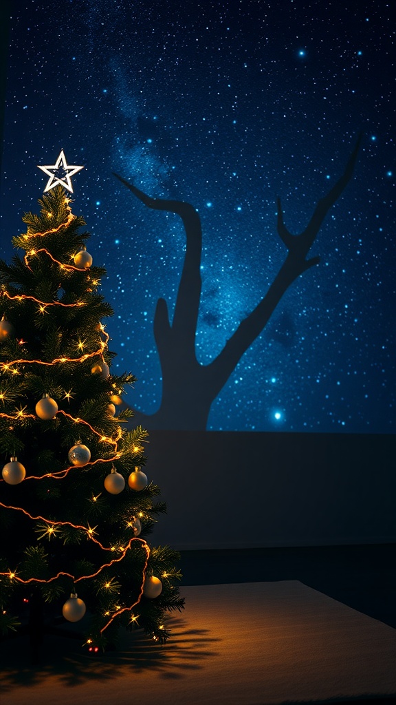 A Christmas tree decorated with lights and ornaments, with a starry night projection on the wall behind it.