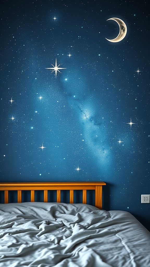 A cozy bedroom with a starry night sky wall painting, featuring a crescent moon and bright stars.