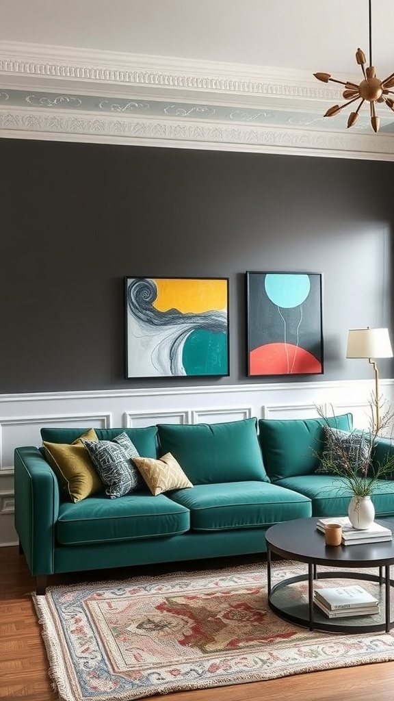 A stylish living room featuring a forest green sofa, modern coffee table, and colorful wall art.