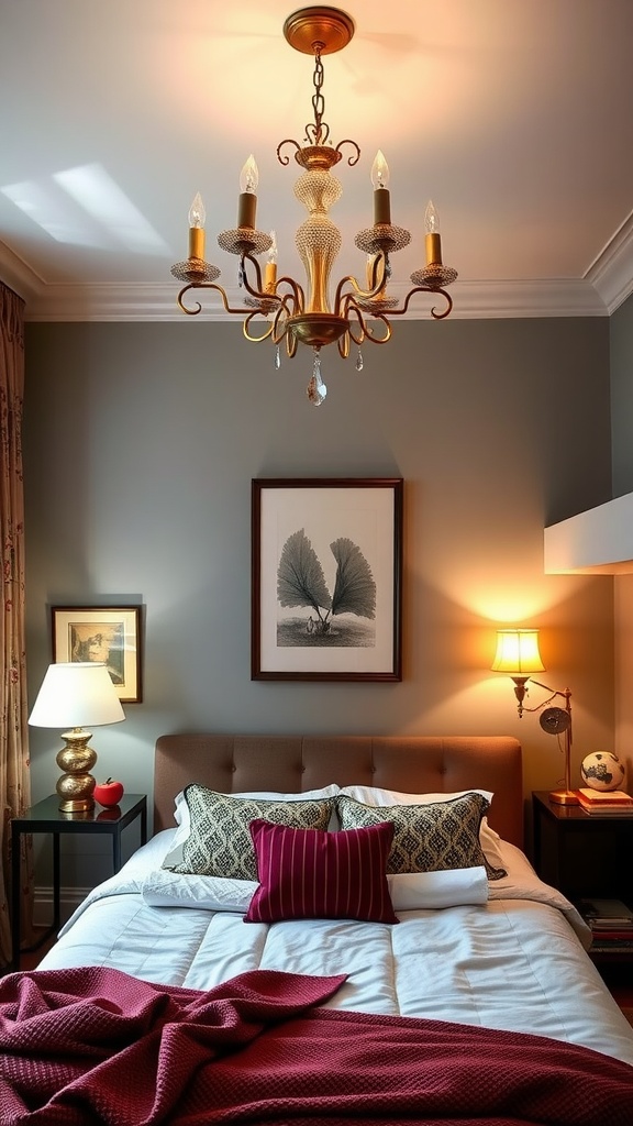 A beautifully decorated bedroom featuring a vintage chandelier, stylish bed with decorative pillows, and warm lighting.