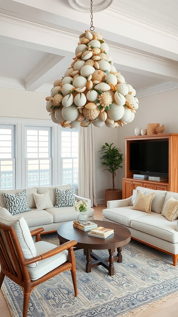 A coastal chic living room featuring a unique chandelier made of sea-inspired elements.