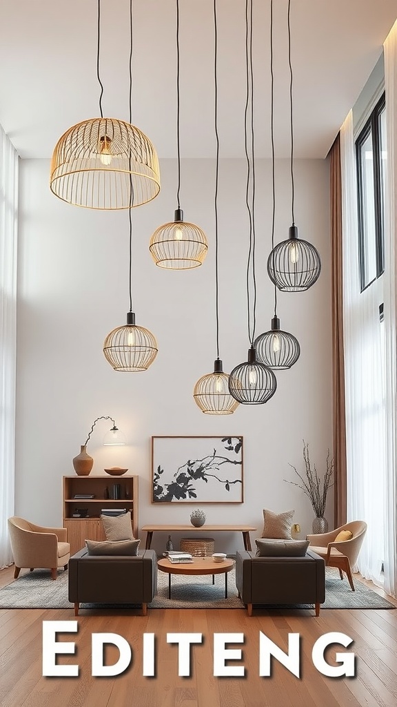 A stylish living room featuring a variety of statement pendant lighting fixtures.