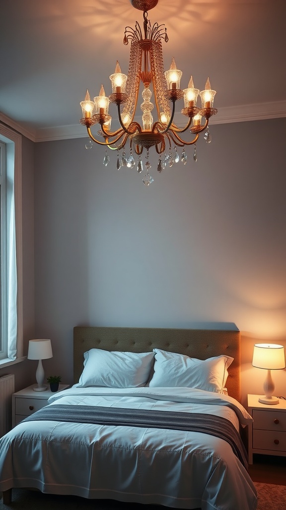 A cozy luxury bedroom with a stylish chandelier and warm lighting