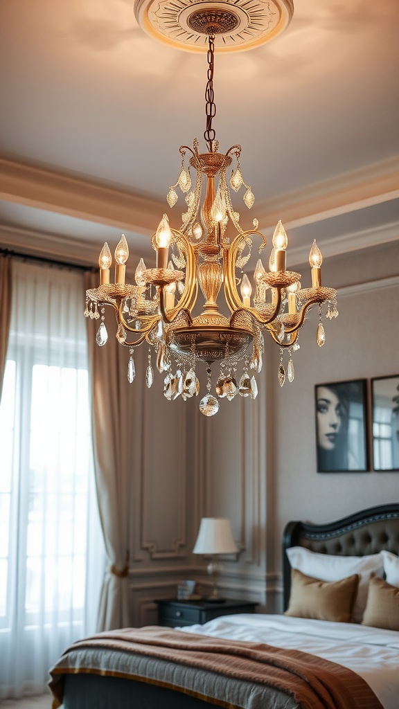 A beautiful chandelier with crystals hanging from the ceiling in a stylish bedroom