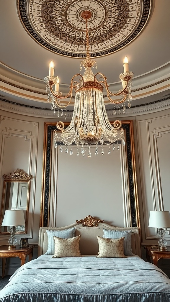 Luxurious bedroom with a stunning chandelier and elegant decor